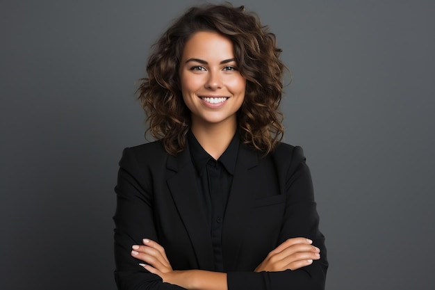 Jovem empreendedora sorridente capturada em estúdio por uma IA geradora de retratos