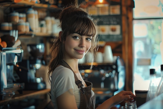 jovem empregada de mesa a servir café num café
