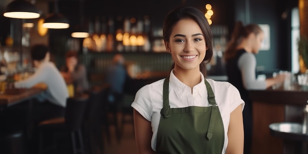 Jovem empregada de mesa alegre usando avental sorrindo