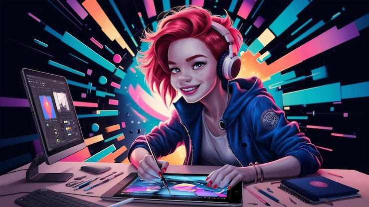 Foto jovem empregada freelance de arte digital usando tablet sorrindo