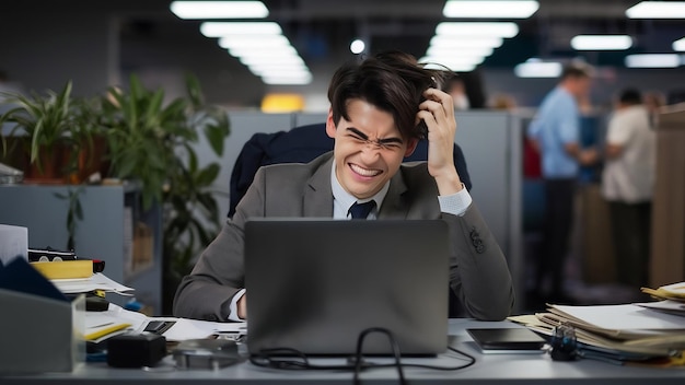 Foto jovem empregado a trabalhar com um portátil na secretária do escritório a fazer caretas e a brincar com o cabelo a procrastinar