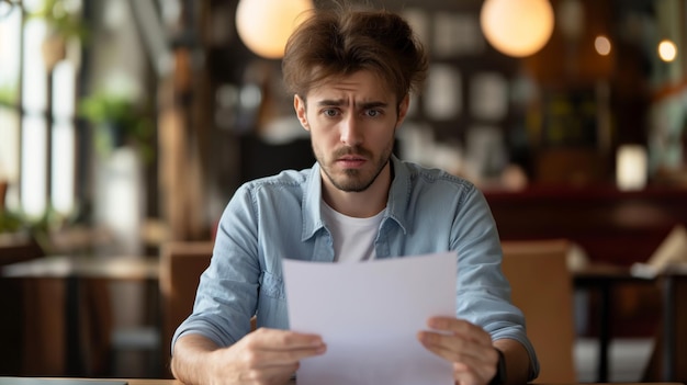 Jovem empregado mostrando seu documento de salário expressão facial decepcionada status financeiro frustração rendimento trabalho