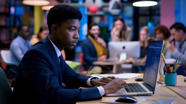 Jovem empregado sério focado no trabalho de computador em um escritório multirracial