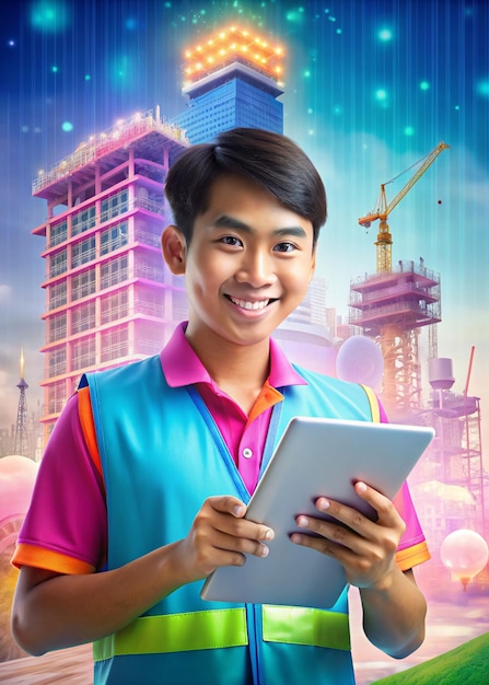 Foto jovem empregado usando ipad sorrindo rosto indonésio