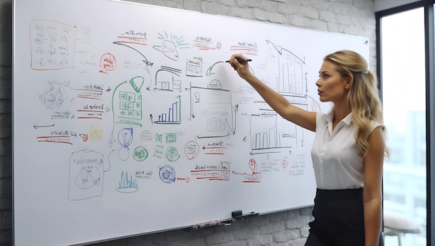 Foto jovem empresária a desenhar um conceito de negócio num quadro branco plano de negócios esboços de negócios