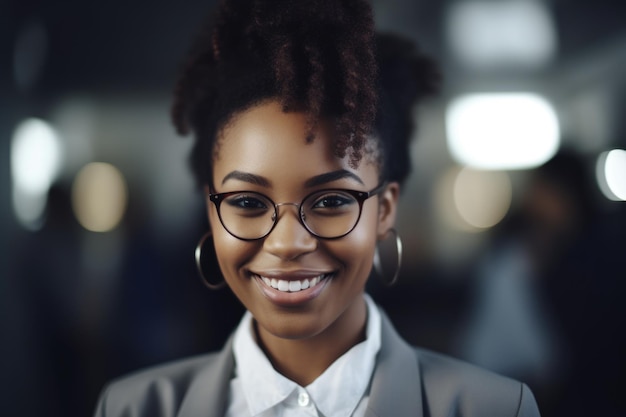 Jovem empresária africana-americana inteligente rosto sorridente em pé no fundo desfocado do escritório ocupado Generative AI AIG20