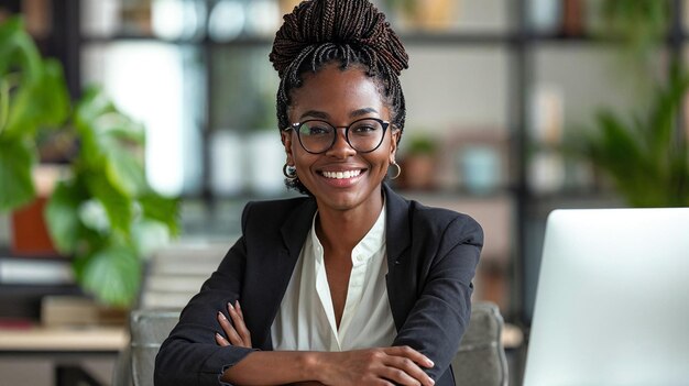 Jovem empresária africana confiante com um sorriso radiante sentada num ambiente de escritório moderno