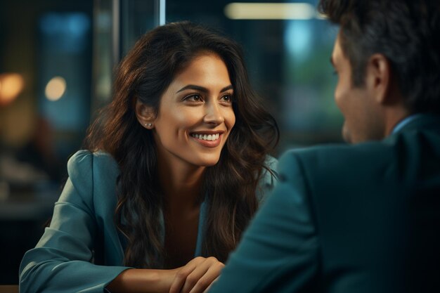 Foto jovem empresária alegre sorrindo durante uma reunião com um cliente em um café