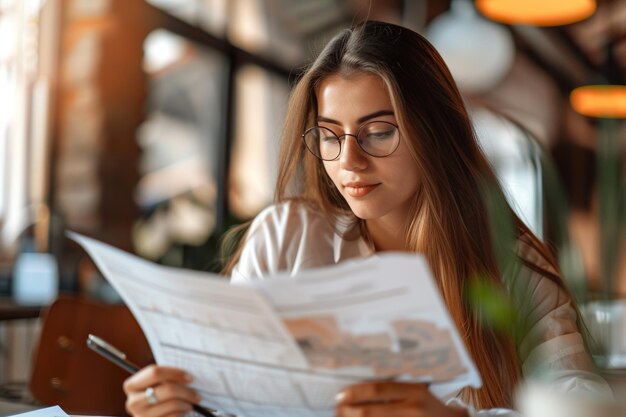 Foto jovem empresária analisando papéis no escritório de perto trabalho de mulher de negócios