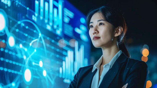 Jovem empresária asiática com interface digital brilhante em fundo azul