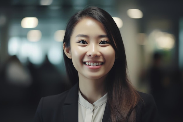 Jovem empresária asiática inteligente rosto sorridente em pé no fundo desfocado do escritório ocupado Generative AI AIG20