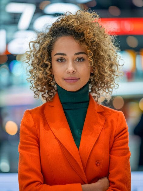 Foto jovem empresária confiante com um elegante casaco laranja em um centro comercial movimentado