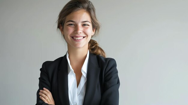 Jovem empresária confiante e bem-sucedida de terno de pé com os braços cruzados e sorrindo para a câmera