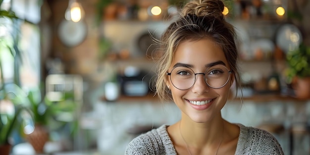 Jovem empresária de óculos sorrindo em sua mesa trabalhando em um laptop em um ambiente de escritório moderno Concept Business Modern Office Jovem Profissional Laptop sorrindo