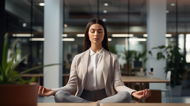 Jovem empresária faz ioga no trabalho no escritório Criado com tecnologia Generative AI