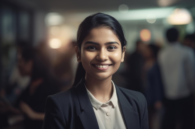 Jovem empresária indiana inteligente rosto sorridente em pé no fundo desfocado do escritório ocupado Generative AI AIG20