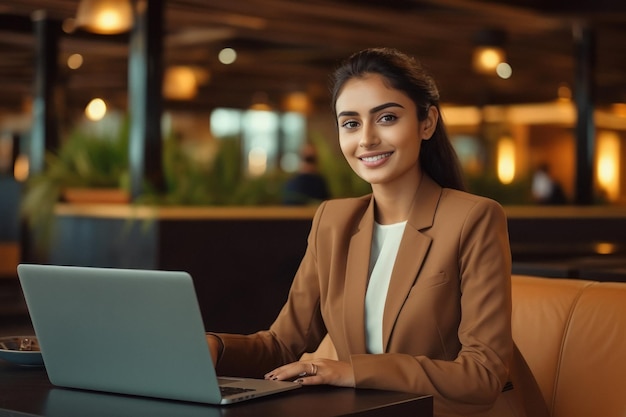 Jovem empresária indiana ou funcionária corporativa usando laptop