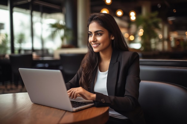 Jovem empresária indiana ou funcionária corporativa usando laptop