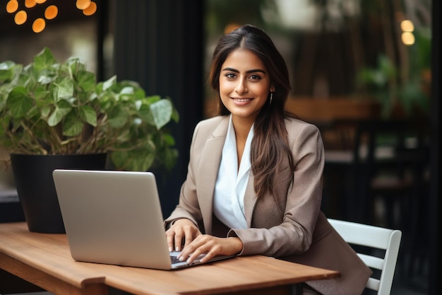 Jovem empresária indiana ou funcionária corporativa usando laptop