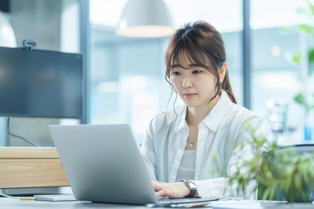 Jovem empresária japonesa concentrada em seu computador portátil no escritório