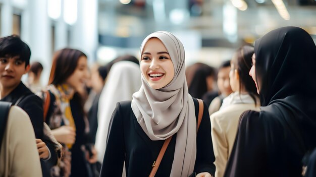 Foto jovem empresária muçulmana asiática sorrindo para a câmera enquanto está de pé no escritório