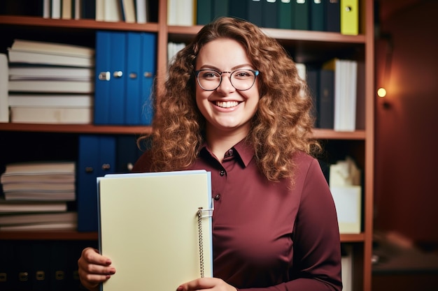 Jovem empresária plus size sorrindo feliz segurando pasta no escritório