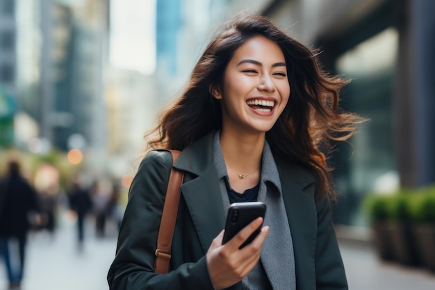 Jovem empresária profissional asiática ocupada segurando um telefone celular andando em uma rua de uma grande cidade