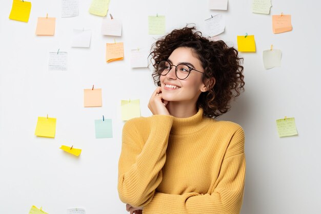 Foto jovem empresária sorridente e atraente usando anotações adesivas na parede para escrever o plano de negócios da estratégia