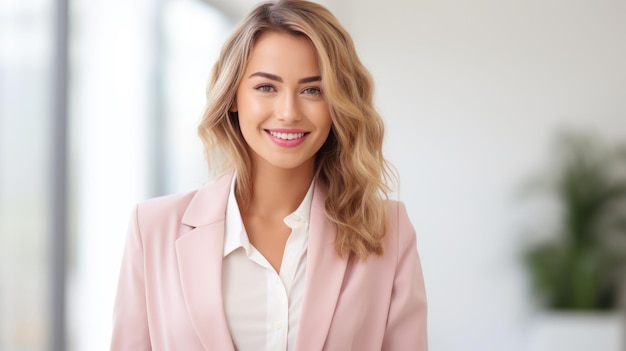 Jovem empresária sorridente posando em fundo de cor suave IA generativa