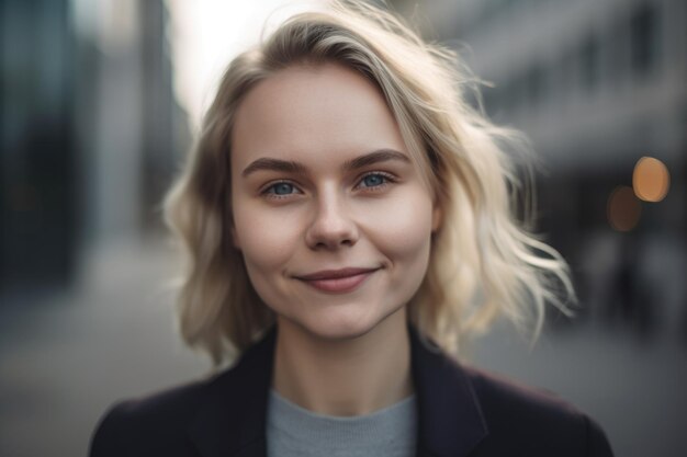 Jovem empresária sueca inteligente sorrindo de pé no fundo desfocado do prédio de escritórios moderno Generative AI AIG20