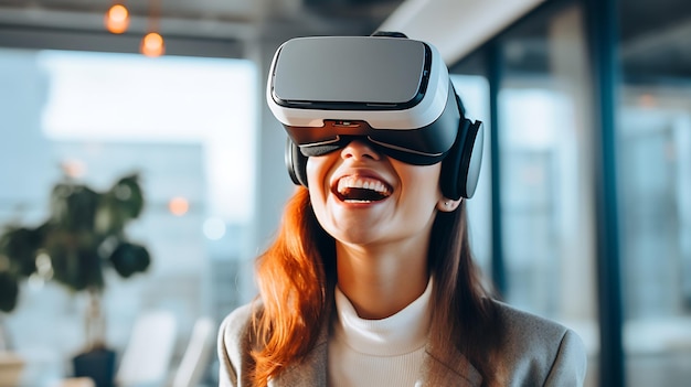 Jovem empresária usando óculos de realidade virtual durante uma reunião virtual criada com tecnologia Generative AI