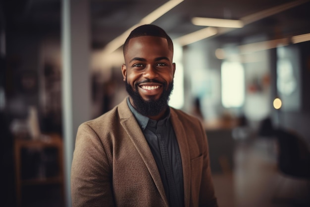 Jovem empresário africano-americano inteligente rosto sorridente em pé no fundo desfocado do design de interiores de escritório colorido criativo Generative AI AIG20