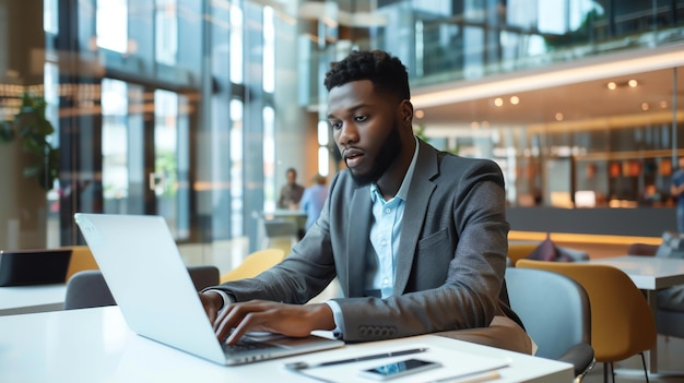 Jovem empresário afro-americano confiante em terno trabalhando em laptop enquanto sentado à mesa em um escritório moderno