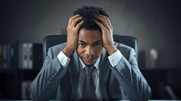 Jovem empresário afro-americano frustrado com dor de cabeça.