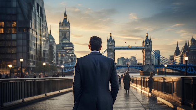 jovem empresário andando em frente à London Bridge Foto de alta qualidade