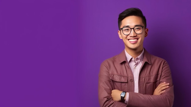 Jovem empresário asiático usando óculos em pé contra um fundo roxo