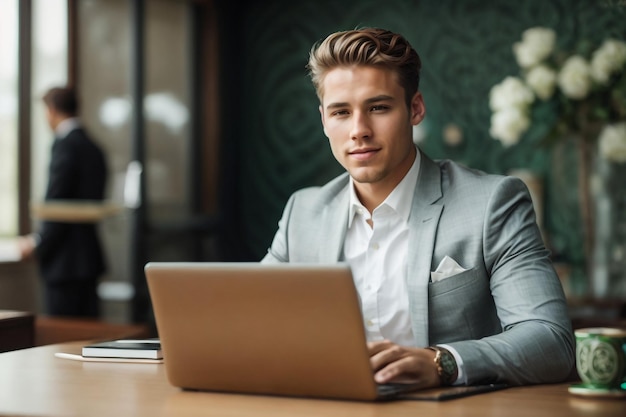 Jovem empresário atraente de terno clássico olhando para a câmera e sorrindo enquanto trabalha com o laptop no café