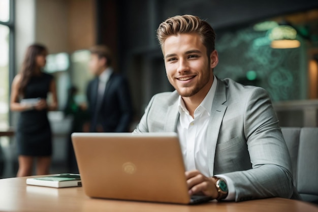 Jovem empresário atraente de terno clássico olhando para a câmera e sorrindo enquanto trabalha com o laptop no café