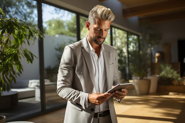 Jovem empresário bonito usando tablet digital enquanto está de pé em um escritório moderno ia generativo