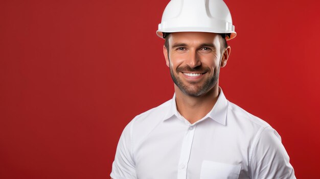 jovem empresário com capacete de construção protetora de camisa branca isolado no fundo vermelho da foto