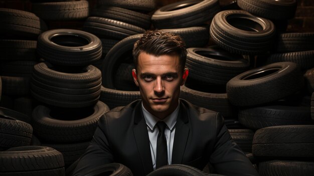 jovem empresário com pneus de carro na garagem