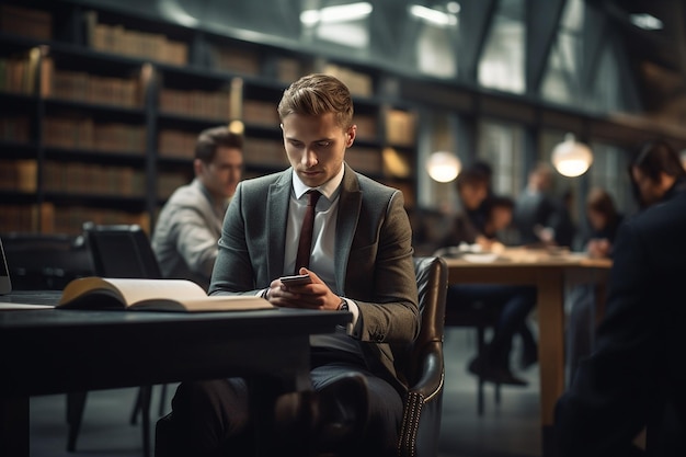 Jovem empresário de terno lendo livro ang fazendo anotações