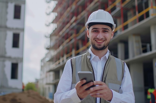 Jovem empresário em um canteiro de obras usando um engenheiro de smartphone sorrindo