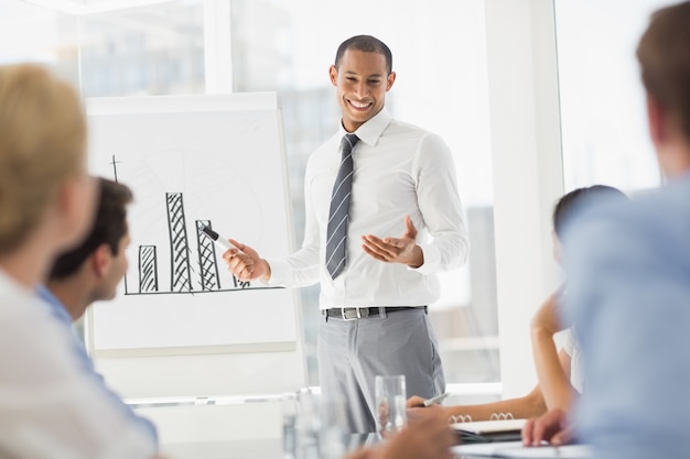 Jovem empresário feliz apresentando gráfico de barras para co-trabalhadores