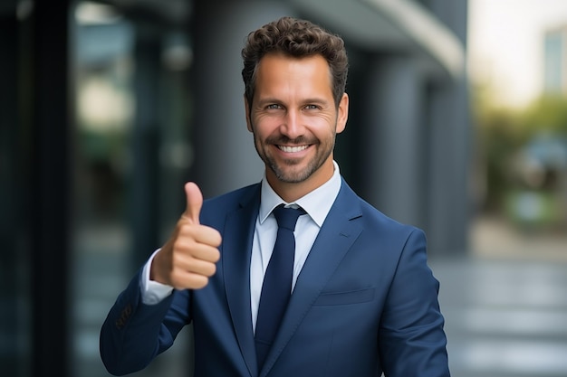 Jovem empresário feliz mostrando o polegar para cima.