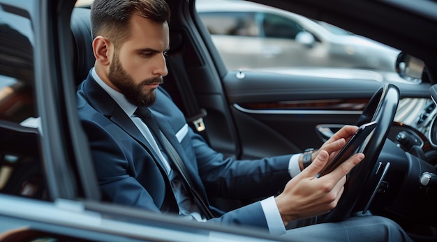 Jovem empresário focado a enviar mensagens de texto no smartphone num carro de luxo