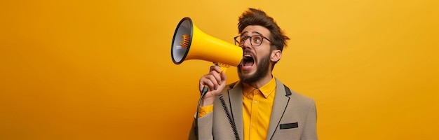 Foto jovem empresário grita com um megafone fazendo um anúncio