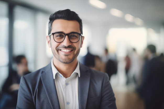 Jovem empresário hispânico inteligente rosto sorridente em pé no fundo desfocado do escritório ocupado Generative AI AIG20