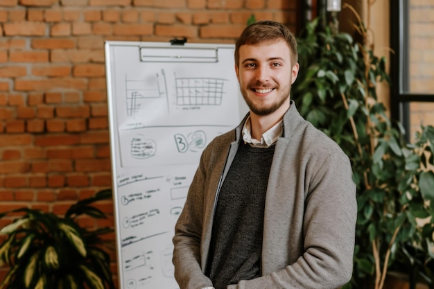 Foto jovem empresário líder de start-up pronto para apresentar ideia e discutir na reunião de investidores do quadro branco