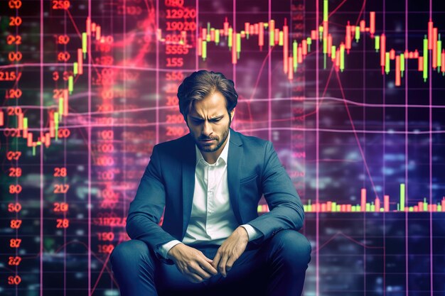 Jovem empresário pensativo sentado na cadeira com gráfico forex em segundo plano Conceito de mercado de ações Dupla exposição